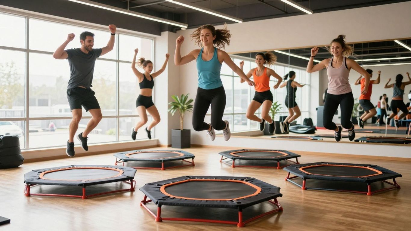 People jumping on trampolines in a fitness class.