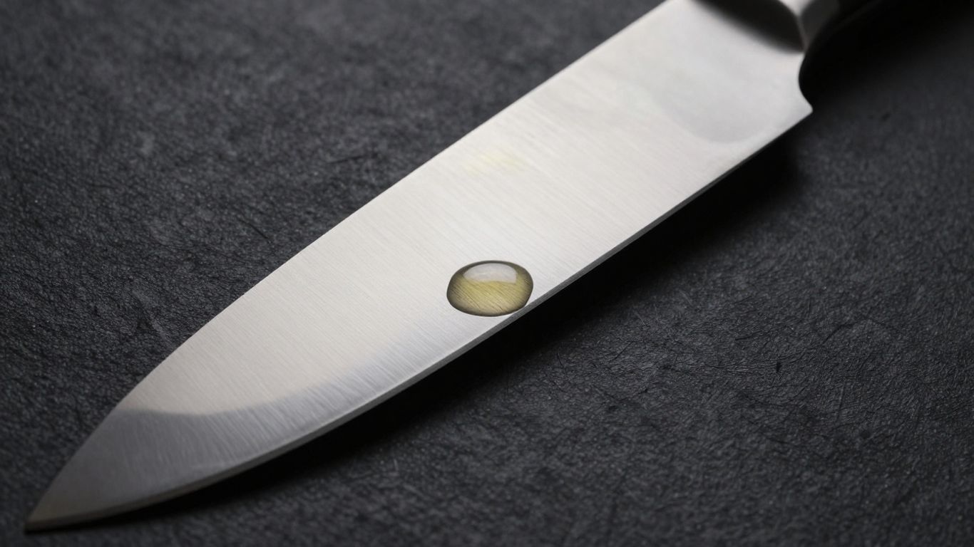 Polished carbon steel chef's knife with oil droplet.