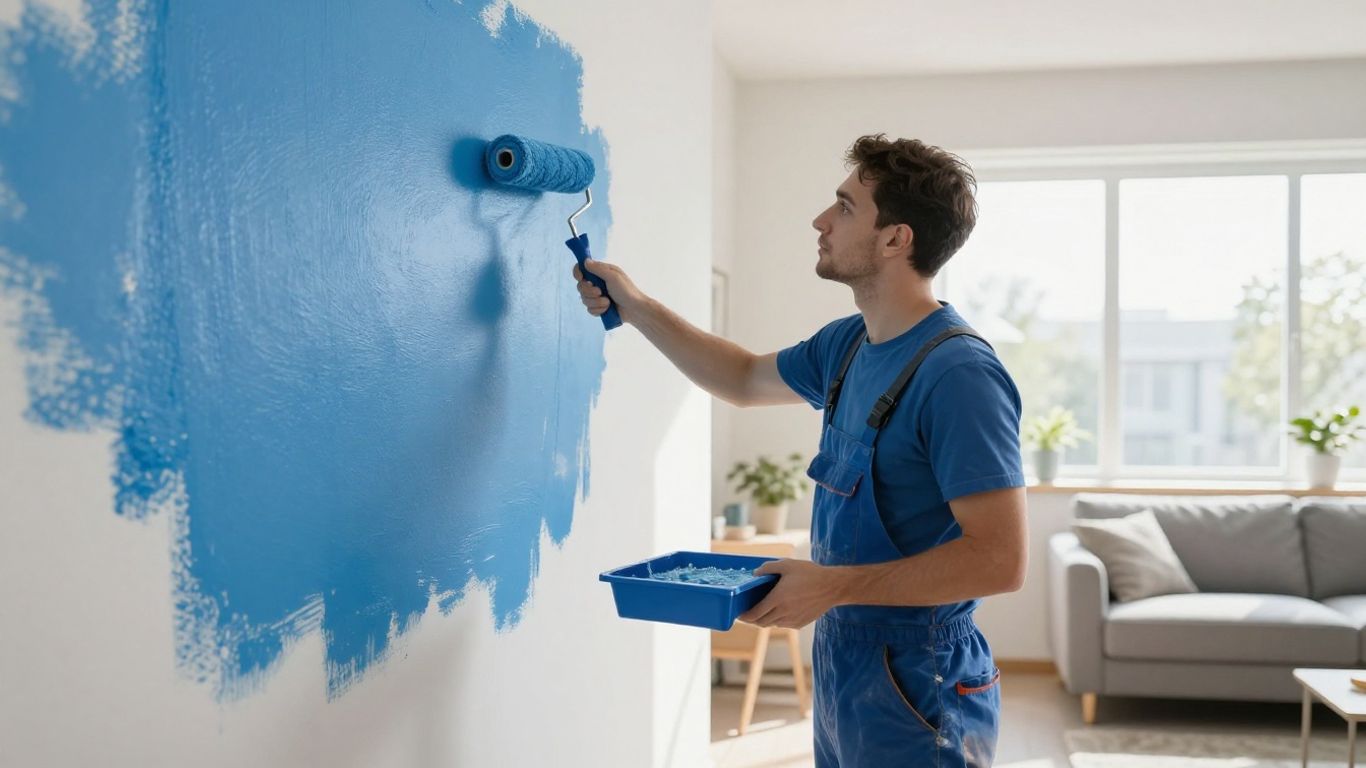 Interior painter applying blue paint to a wall.