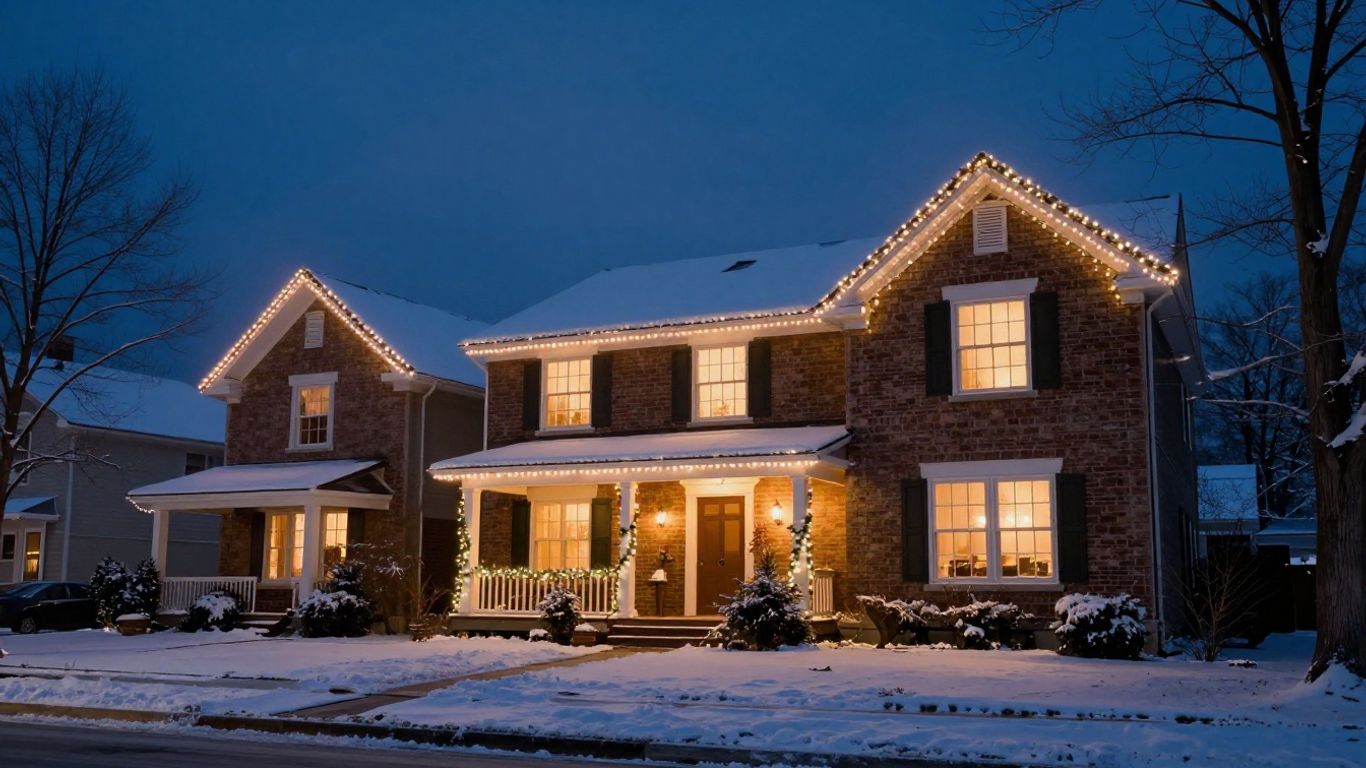 Holiday lights glowing across a snowy suburban house