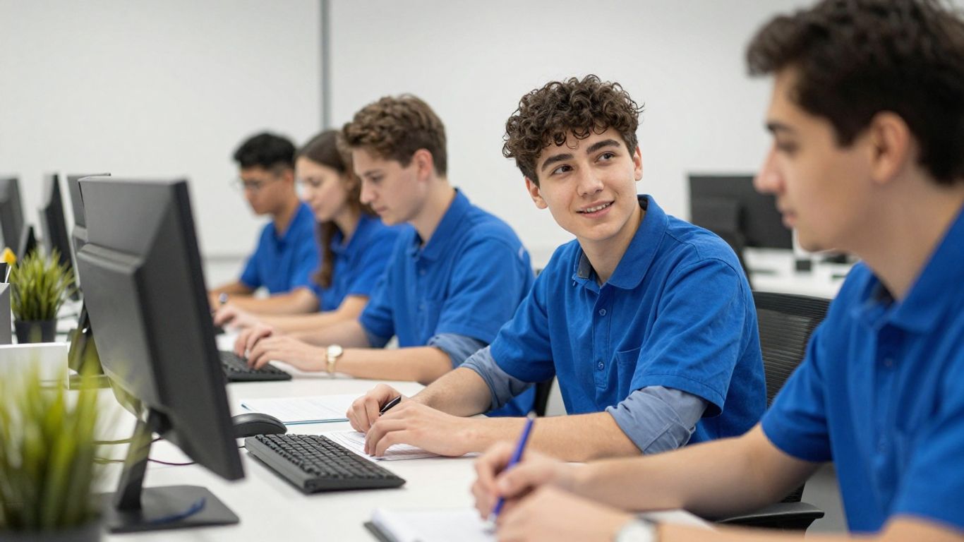 Auszubildender arbeitet mit Kollegen im Büro zusammen.