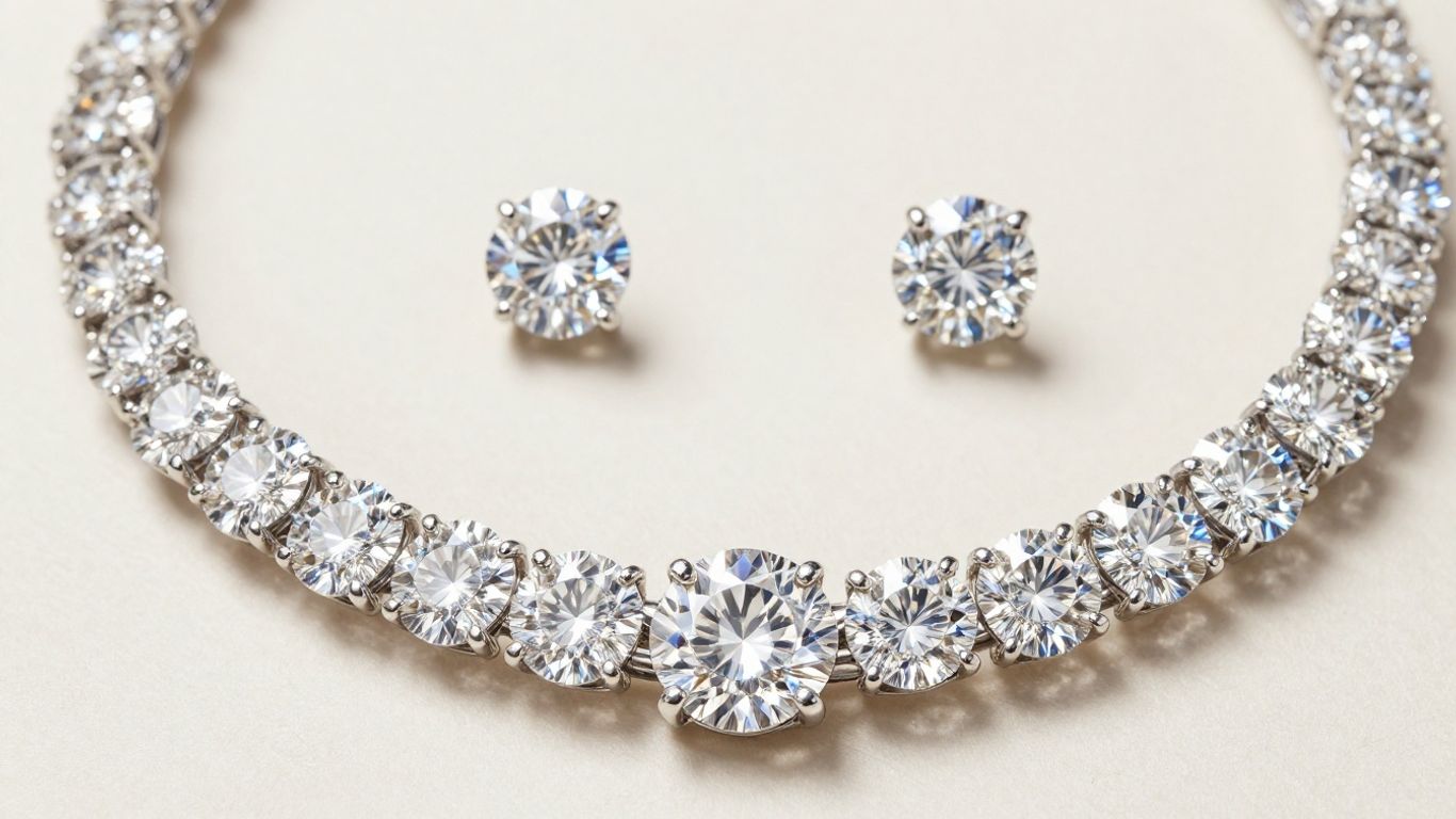 Sparkling diamond necklace and earrings on display.