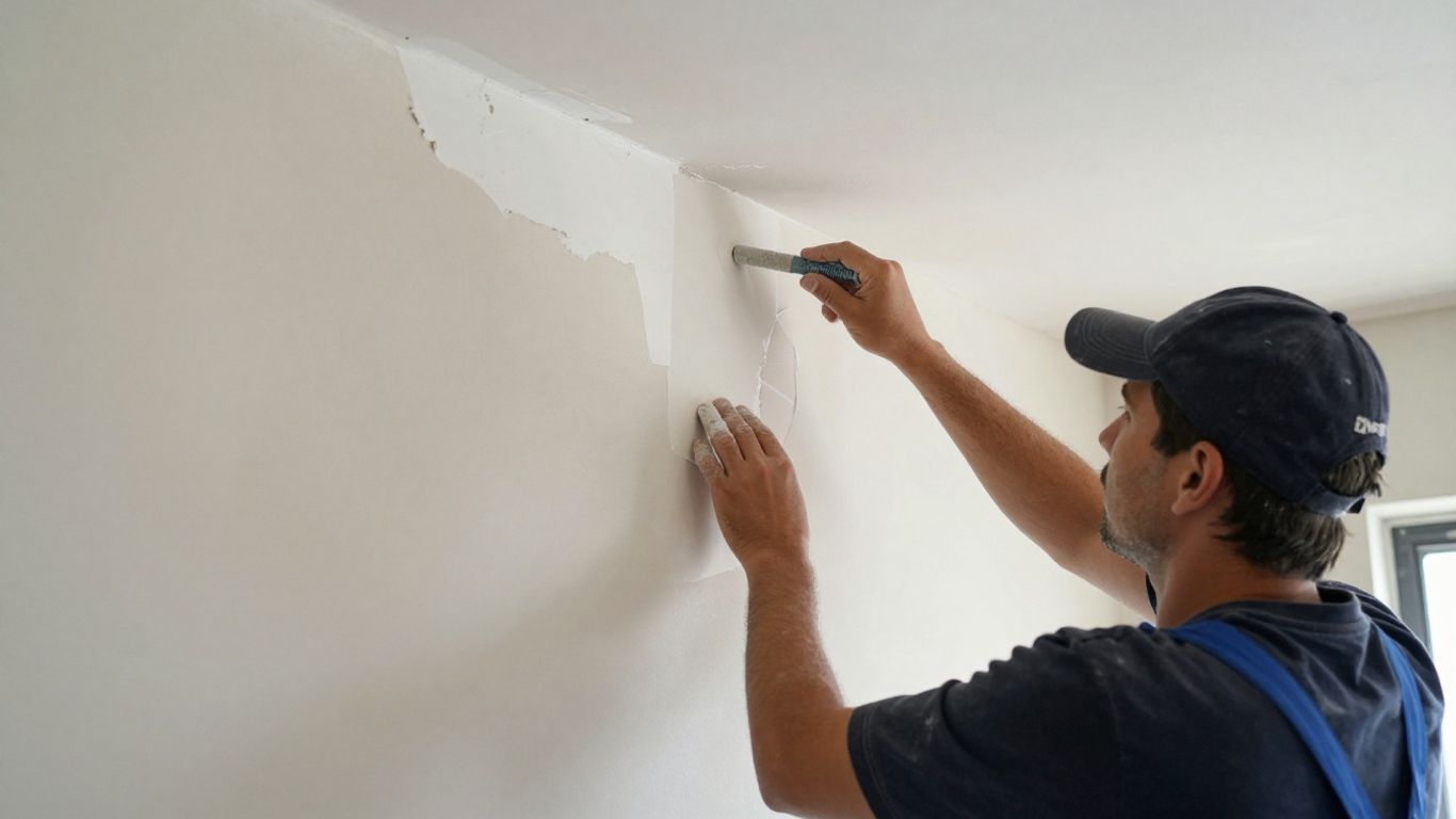 Painter repairing commercial building drywall.