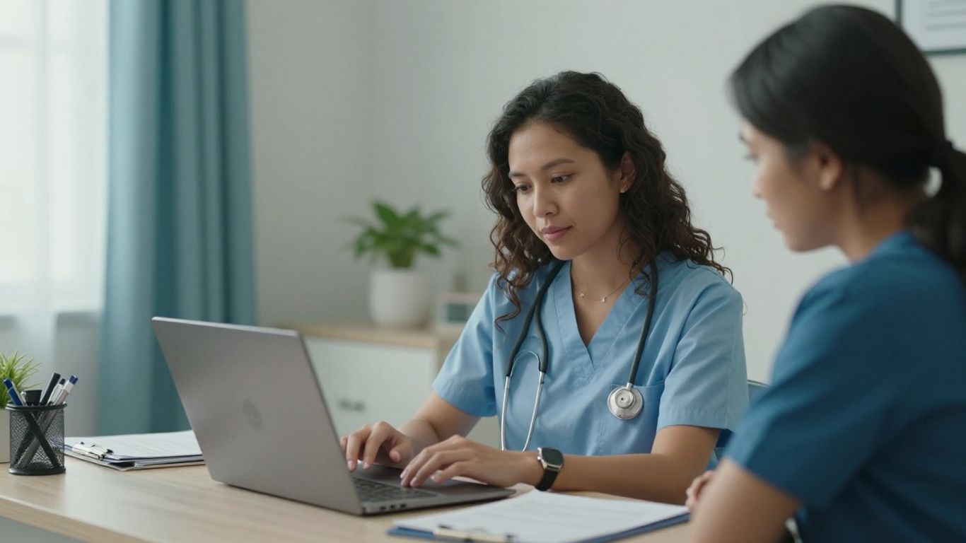 Billing specialist reviewing insurance records with clinician