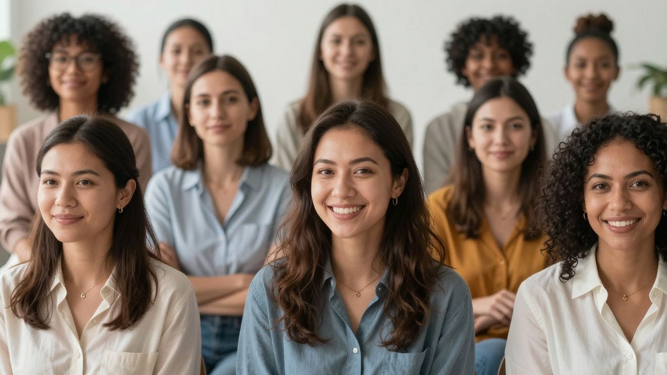 Mulheres sorrindo confiantes em um ambiente claro e moderno.