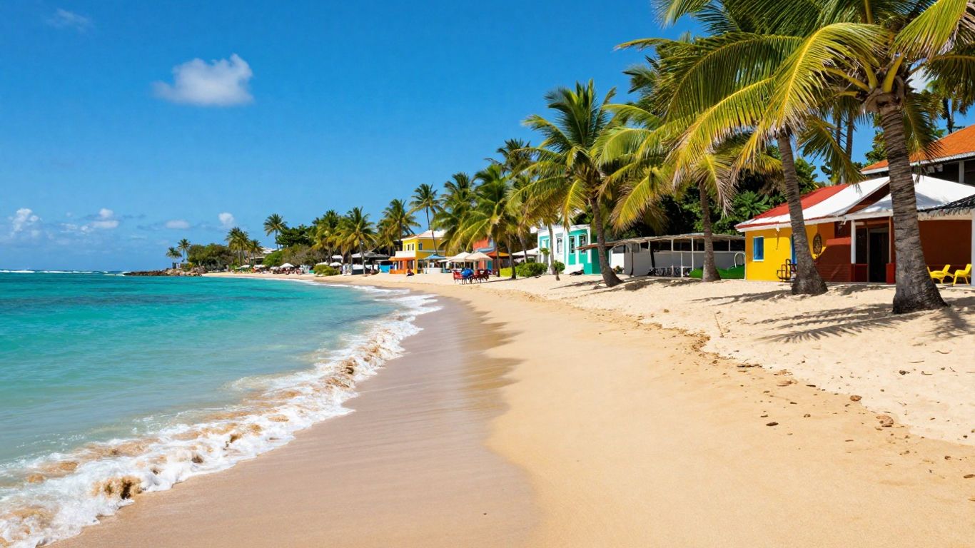Beautiful beach scene in Puerto Rico with palm trees.