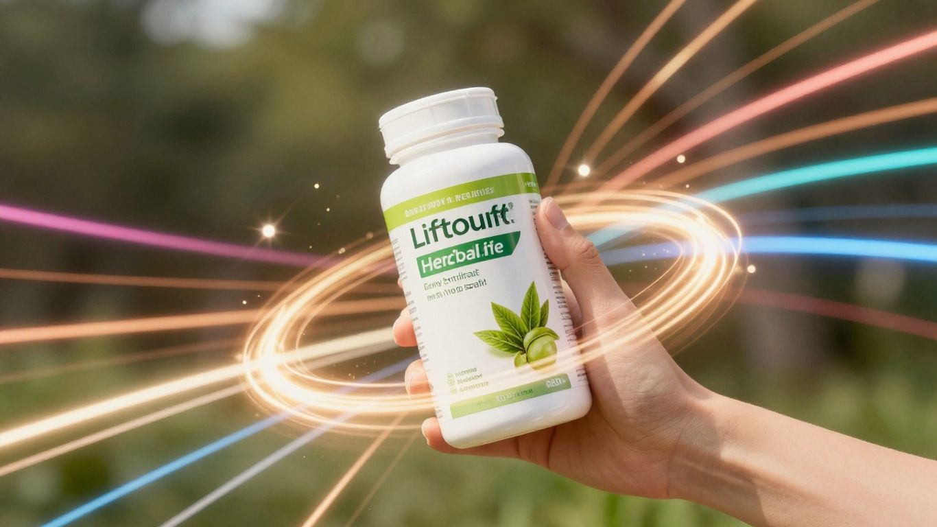 Person holding Liftoff Herbalife product with energetic light trails.