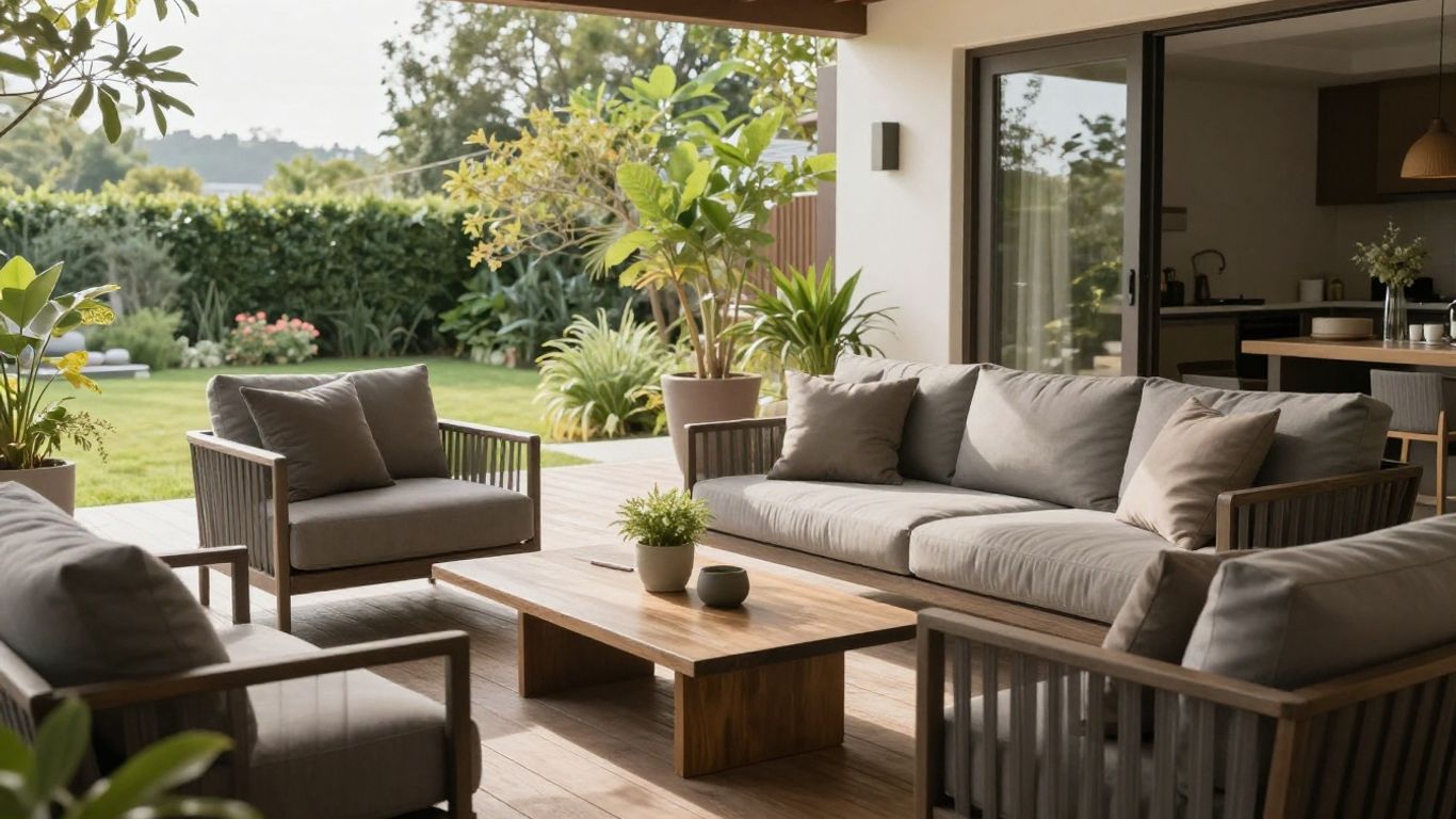 Comfortable outdoor lounge furniture beside greenery