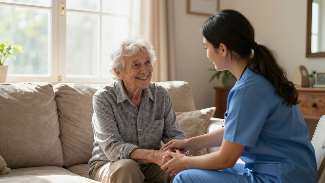 Home health aide caring for a senior in a bright room.