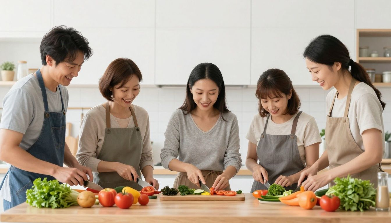 A diverse group of adults in their 40s and 50s preparing healthy food in a bright, modern kitchen, looking energetic and happy.