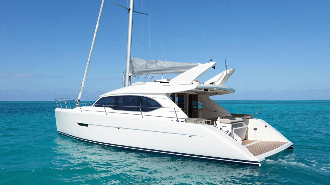 Luxurious Moorings 5000 catamaran sailing on turquoise water.