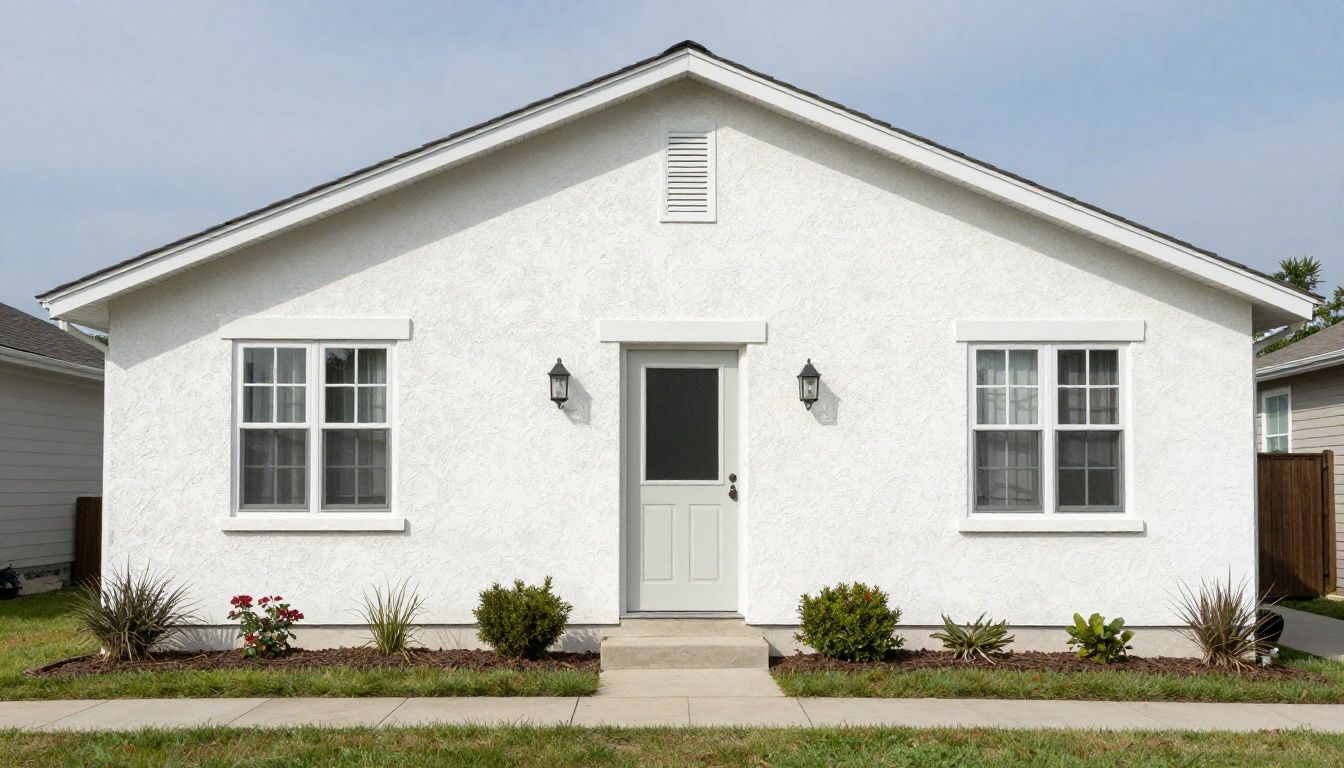 A well-maintained stucco home exterior featuring a clean, uniform finish in a quiet suburban residential neighborhood.