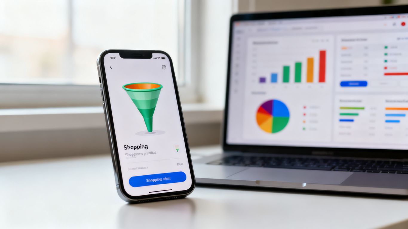 Analytics dashboard beside smartphone shopping funnel