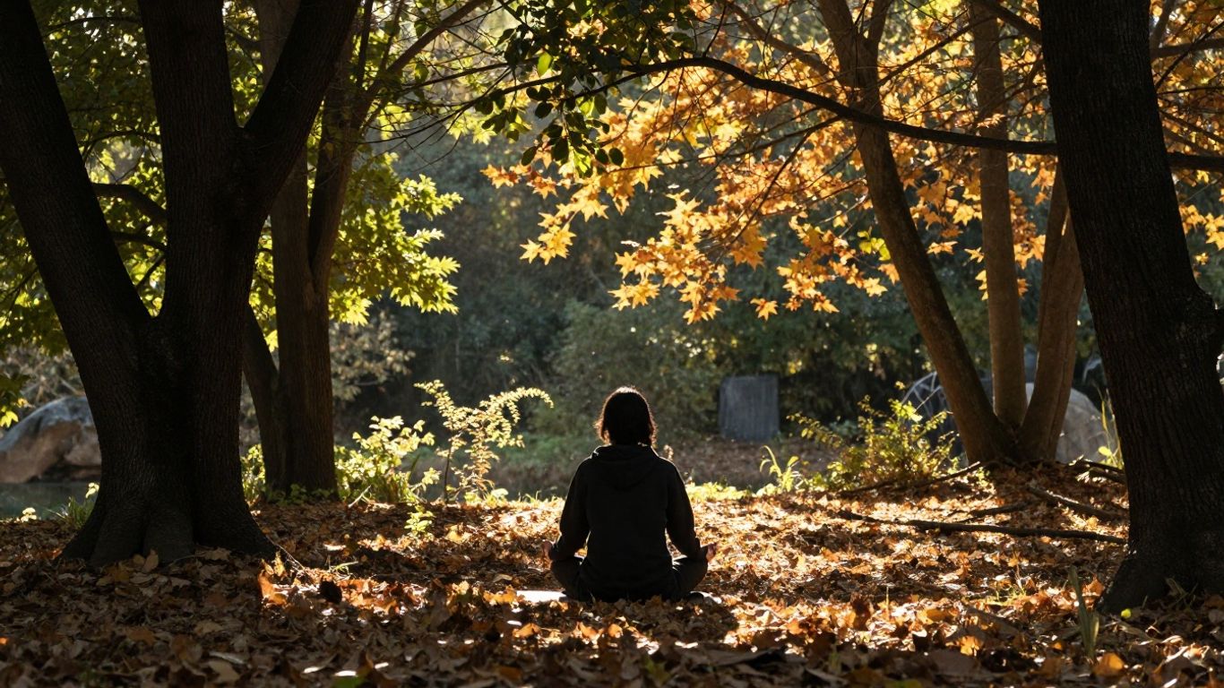 Person meditating outdoors through changing seasons.