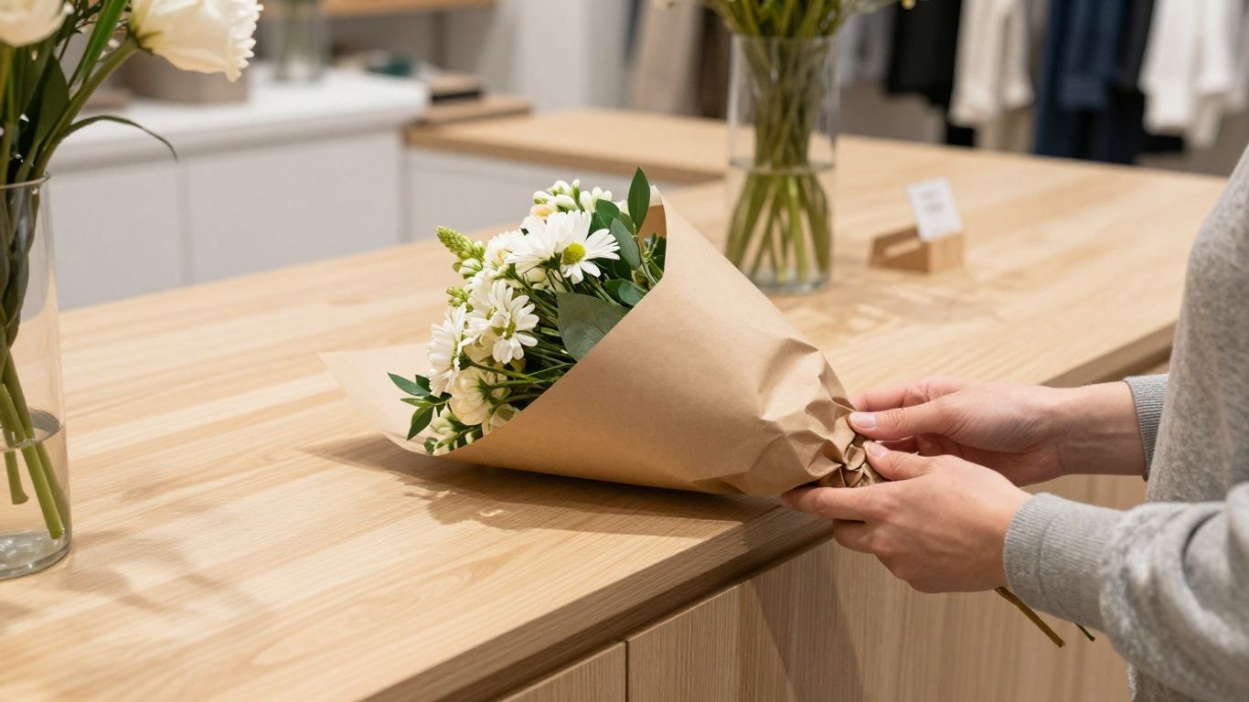 Picking up a bunch of flowers in store