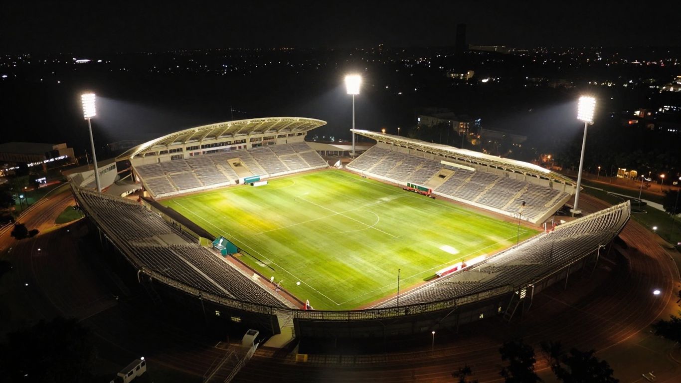 Sports complex illuminated by new stadium lights at night.