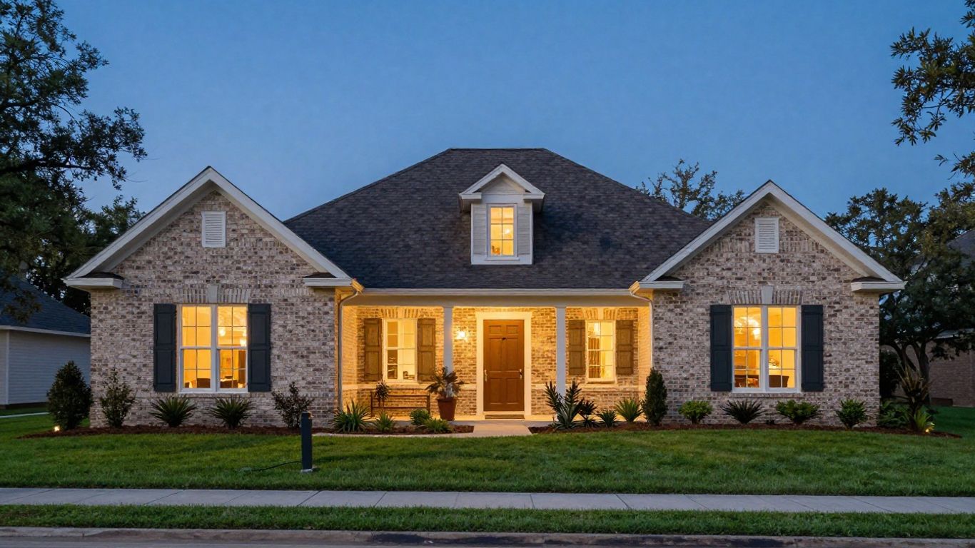 Permanent outdoor lighting on Georgetown home at dusk