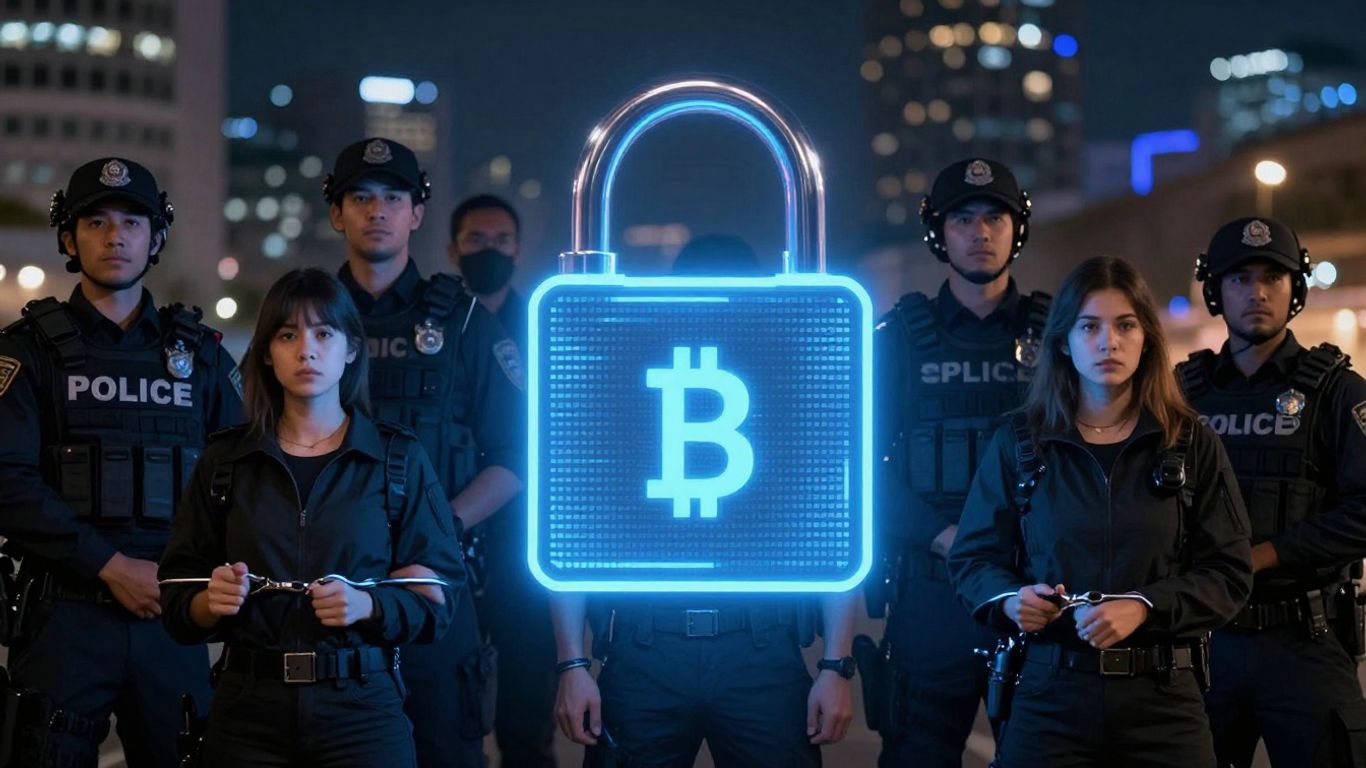 Crypto scam crackdown: Arrests made, digital padlock above handcuffed suspects.