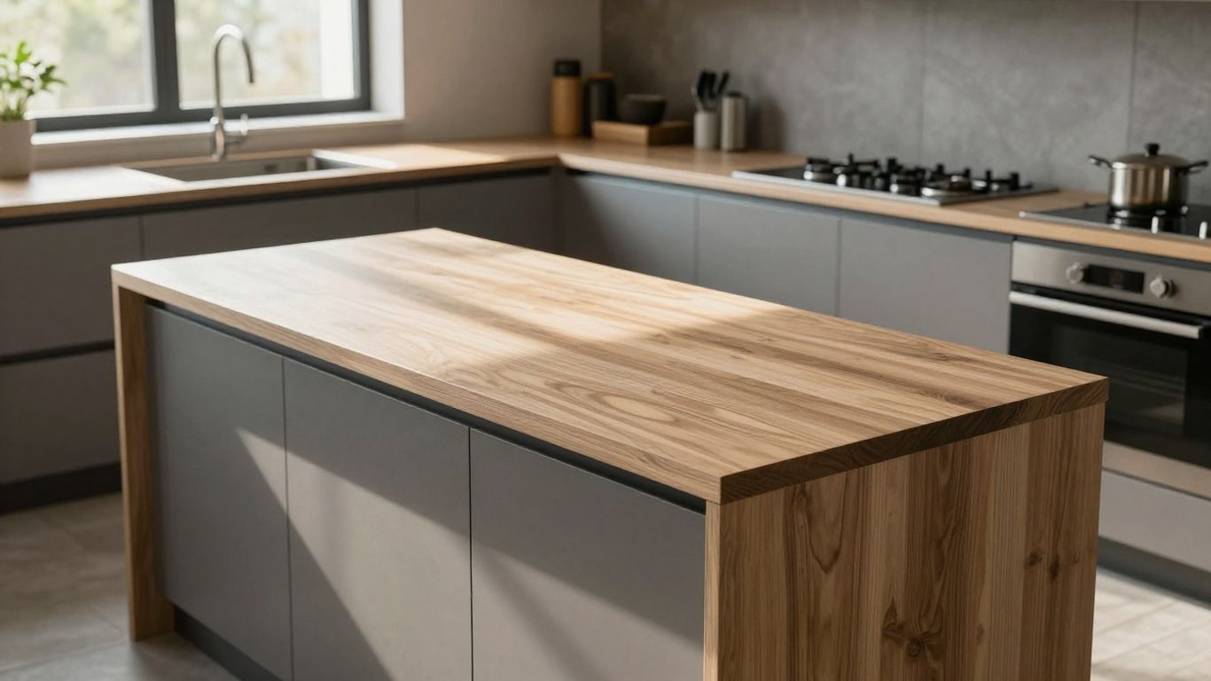 Various kitchen worktops displayed in a modern kitchen setting.