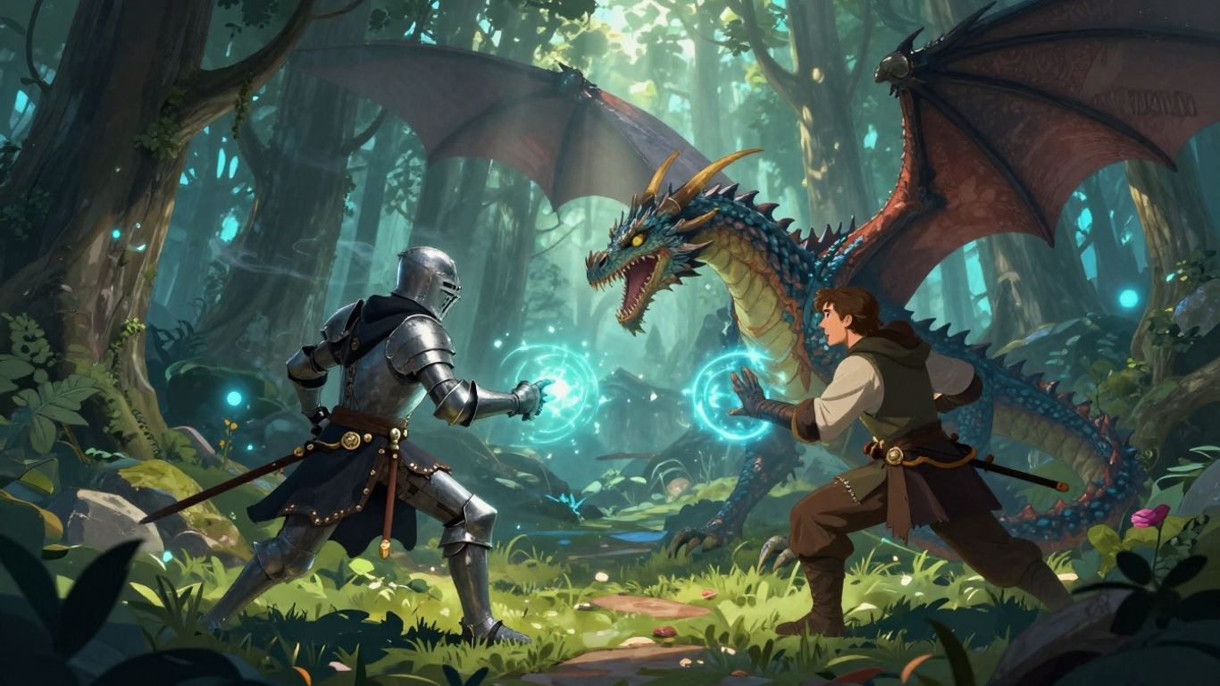 Fantasy RPG characters battling a dragon in a magical forest.
