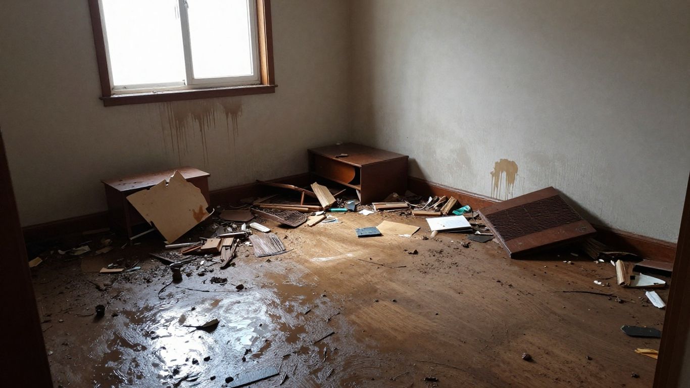 Water damaged living room with debris and stains.