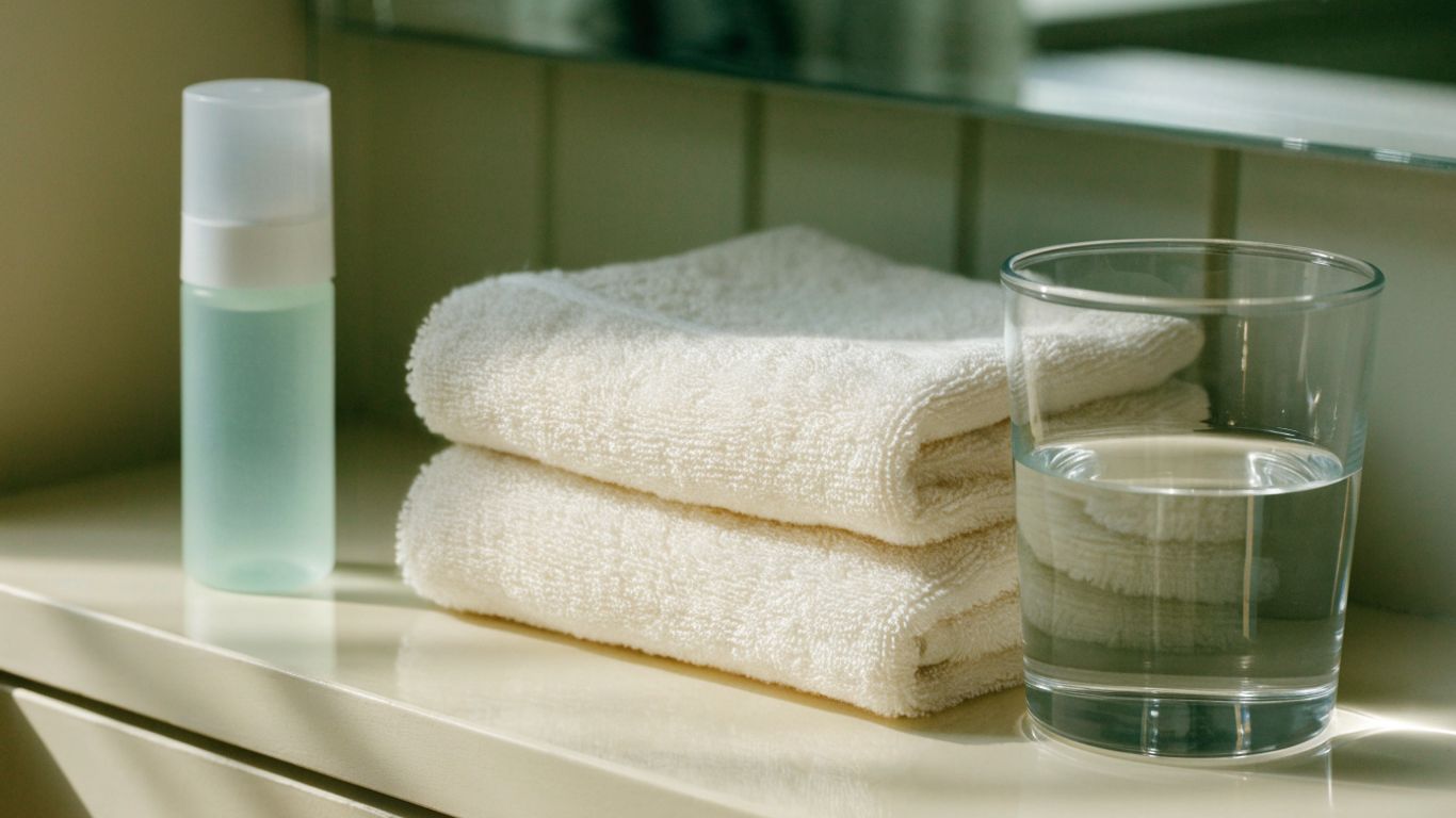 A closed lubricant bottle and soft towels on a bathroom shelf
