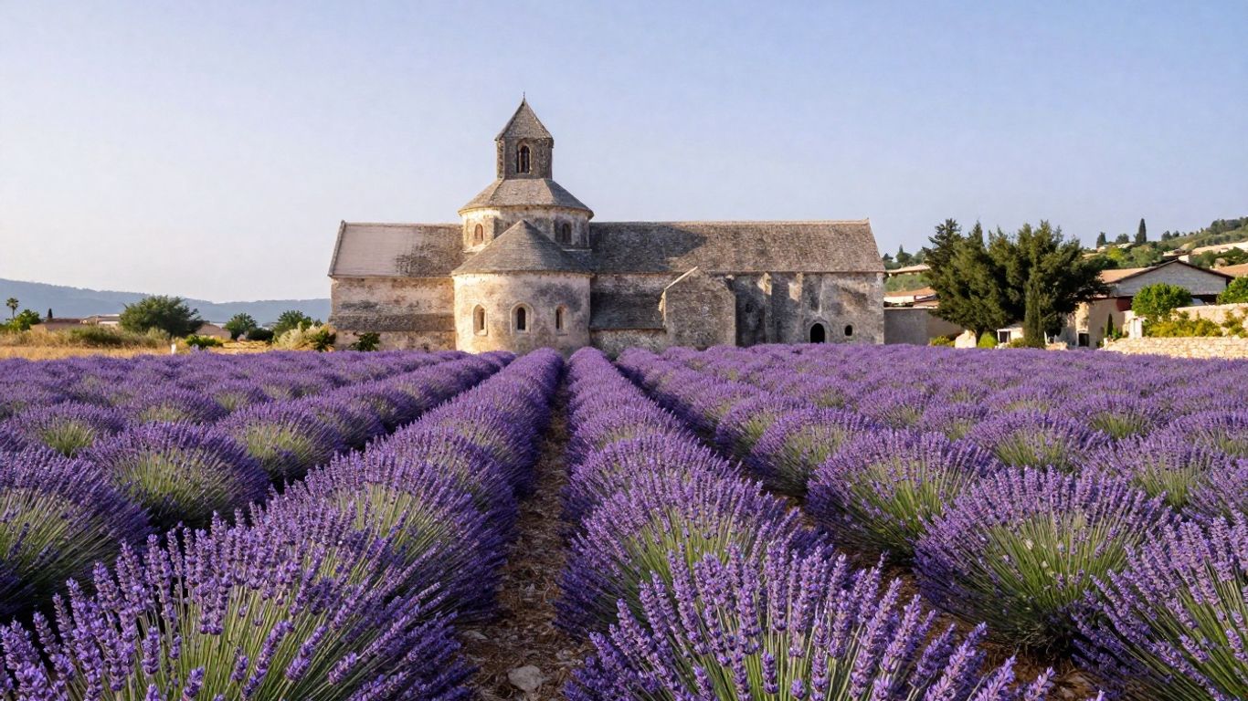 Lavender surrounding the ancient Cistercian stone structure