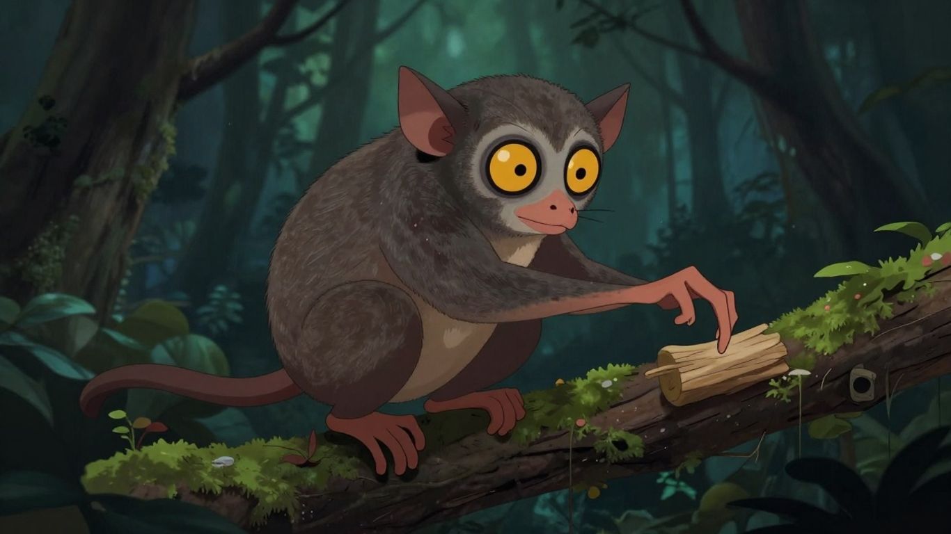 Aye-aye primate tapping on a tree with its long finger.