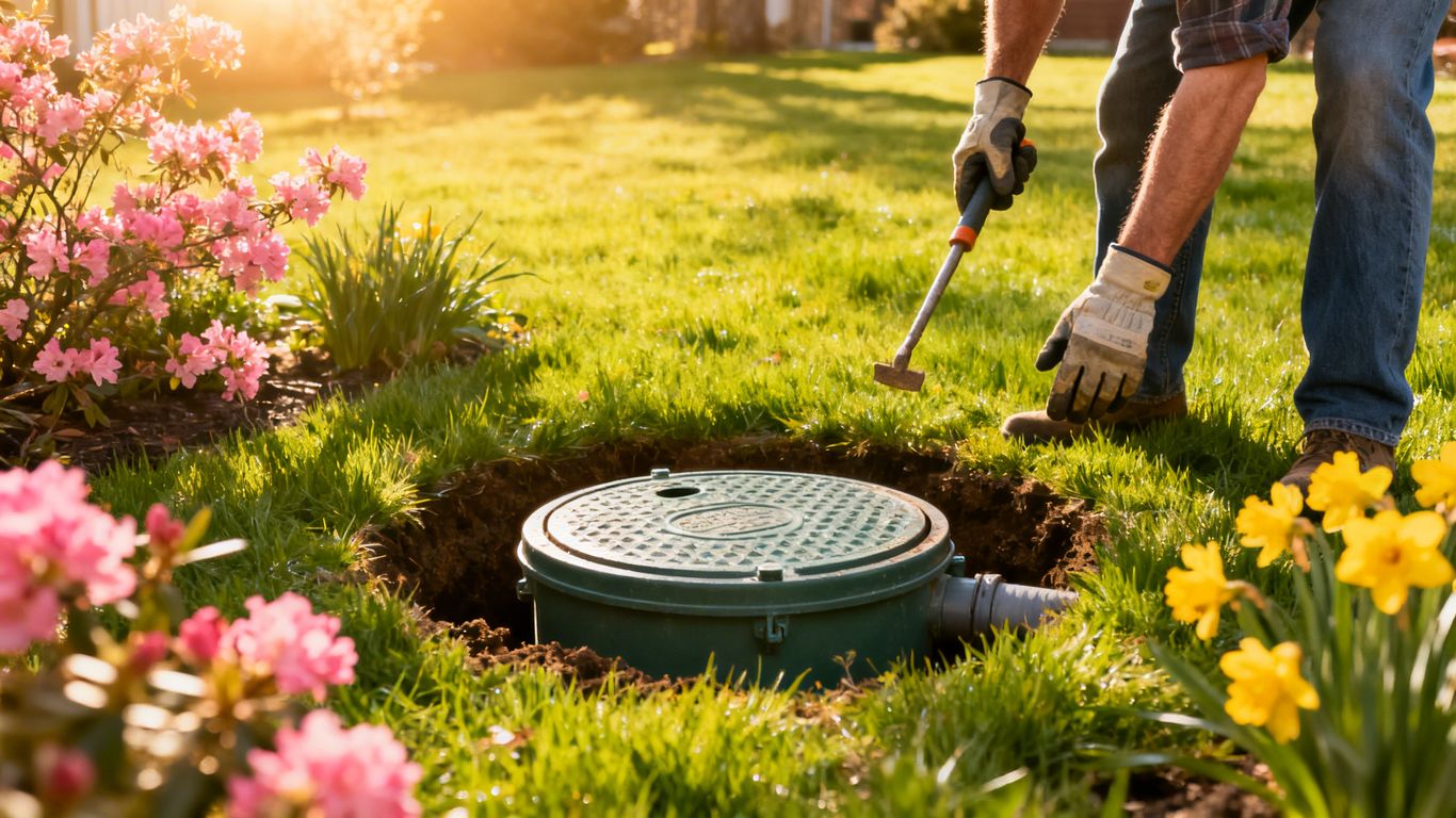 North Georgia homeowner maintaining septic system in spring.