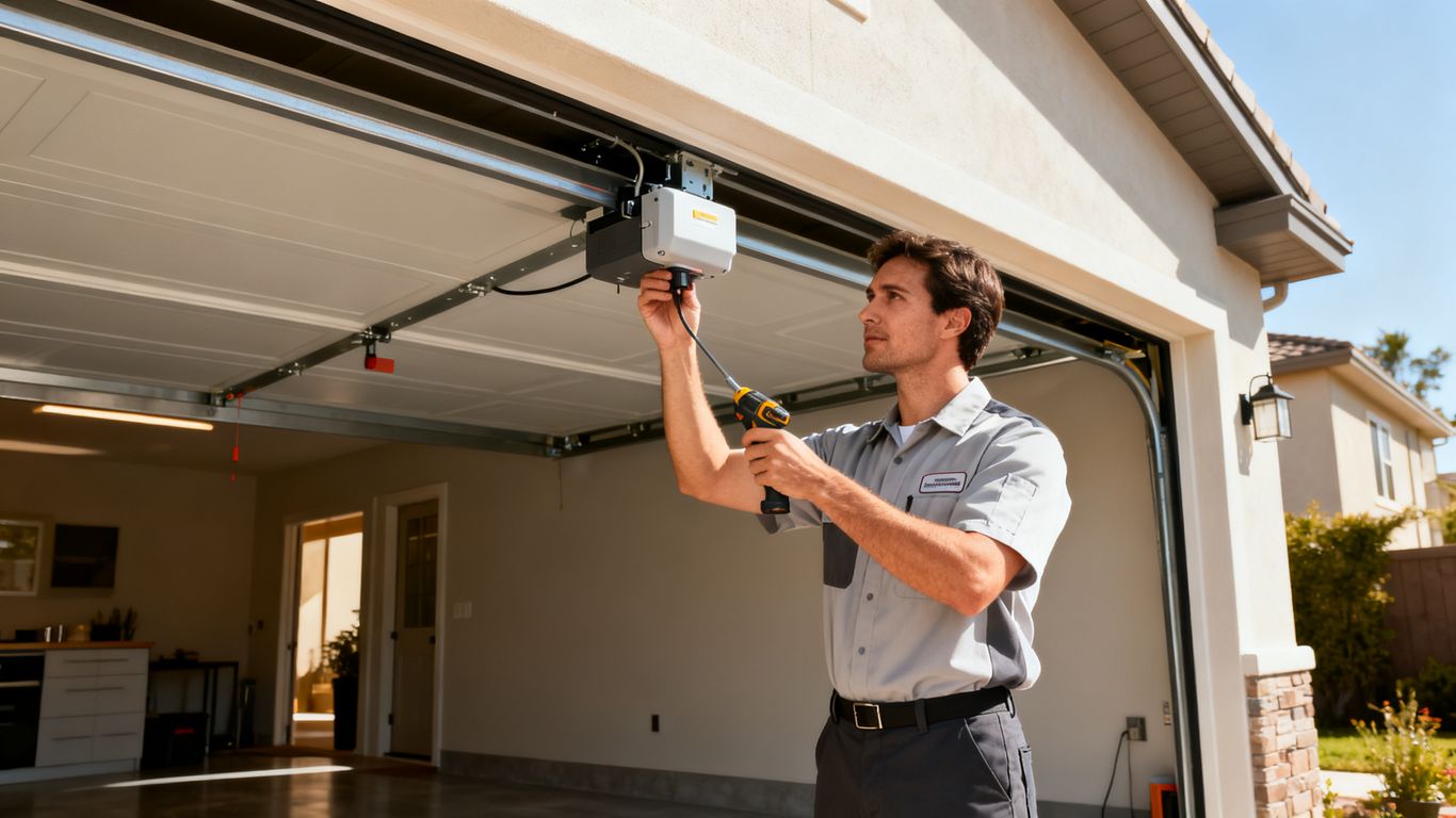 Garage door technician setting up equipment