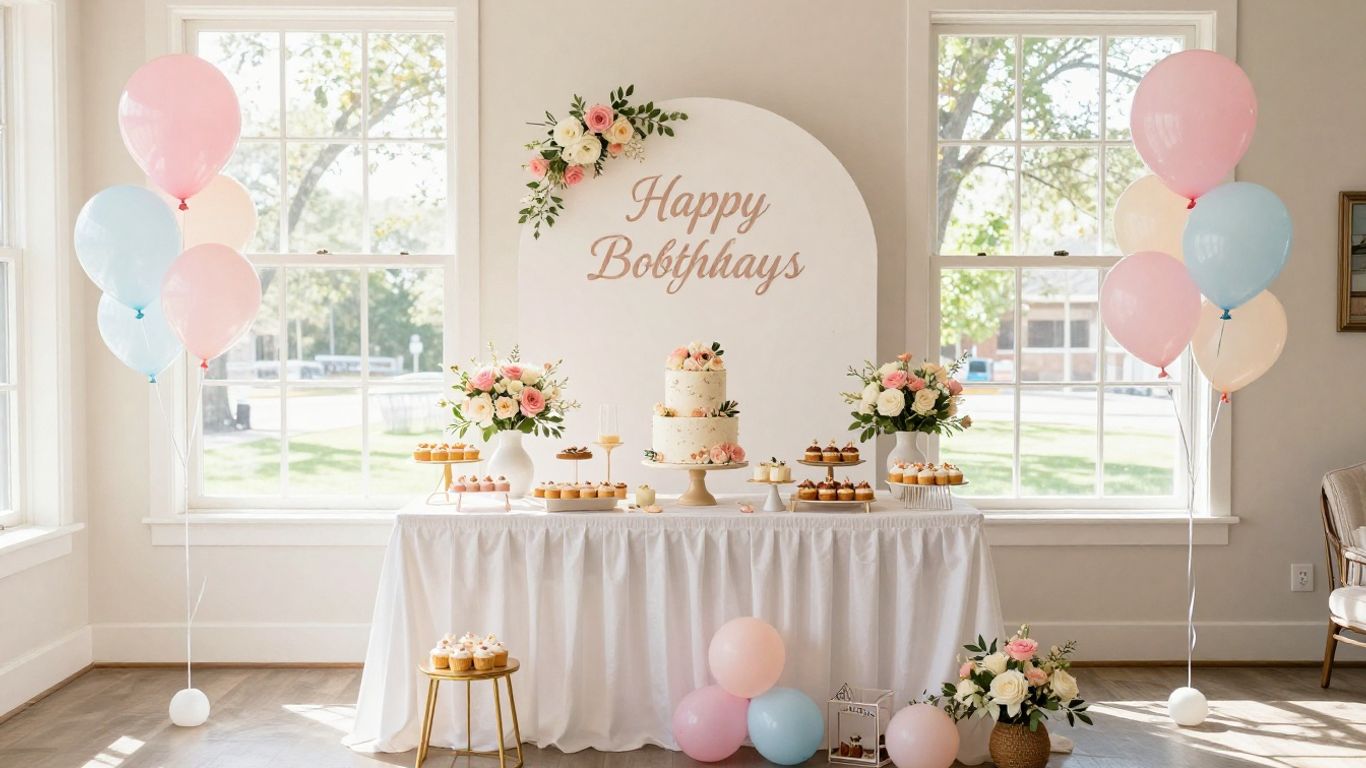 Elegant Dallas baby shower venue with balloons and cake.