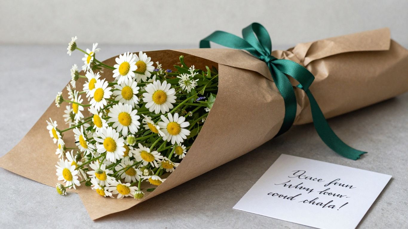 A handwritten note beside a floral arrangement