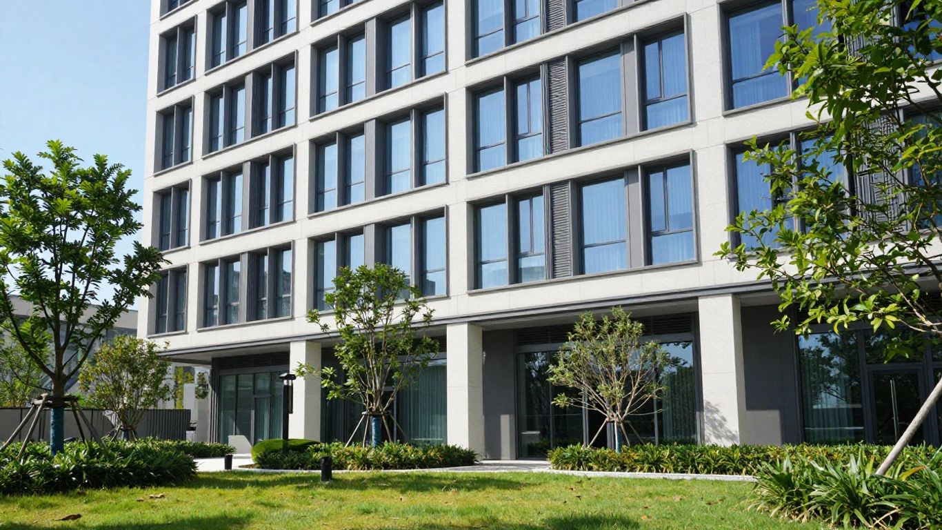 Modern building with active cooling systems in warm weather.