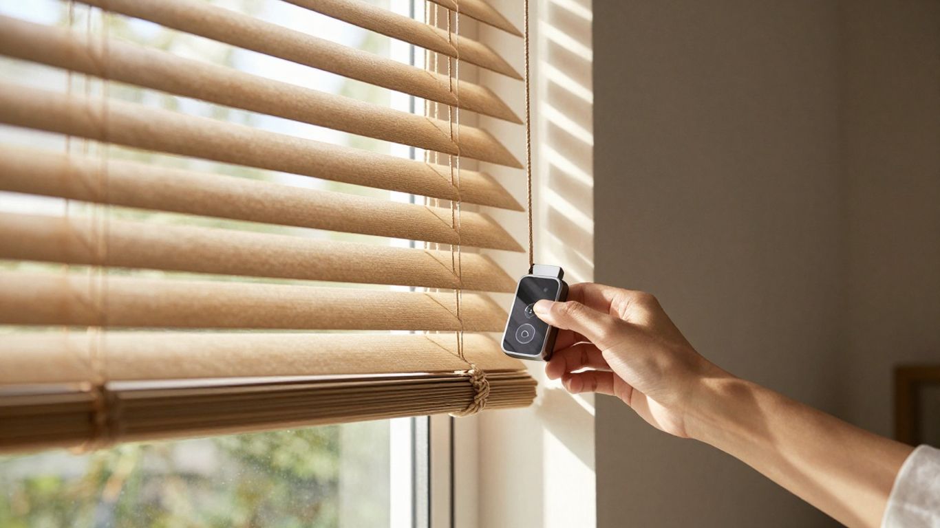 Window treatments in a sunlit room with smart controls.