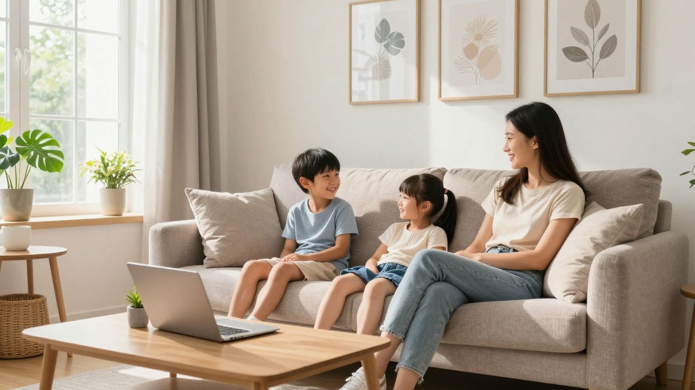 Familia feliz en sala de estar segura y cómoda.