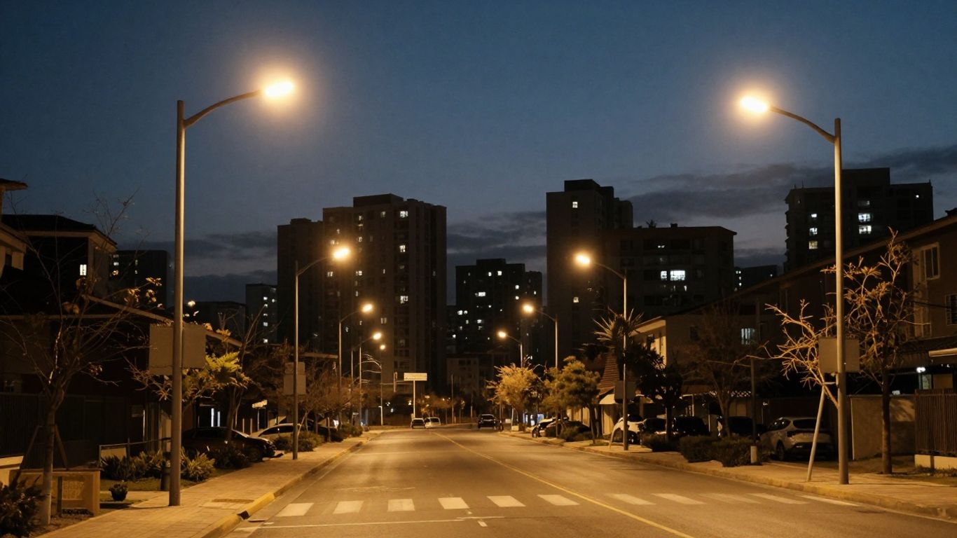 Kuwait city skyline with new LED streetlights at dusk.