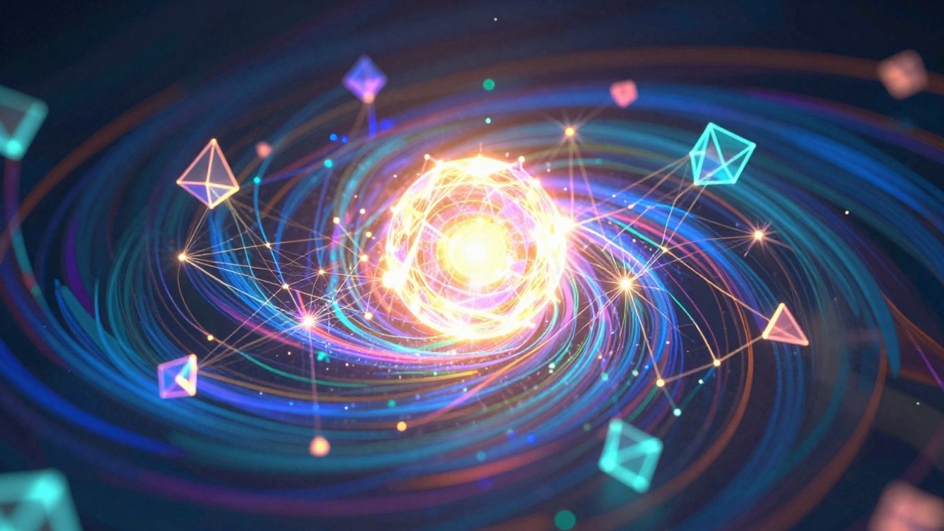 Abstract digital landscape with glowing shapes and a central orb.