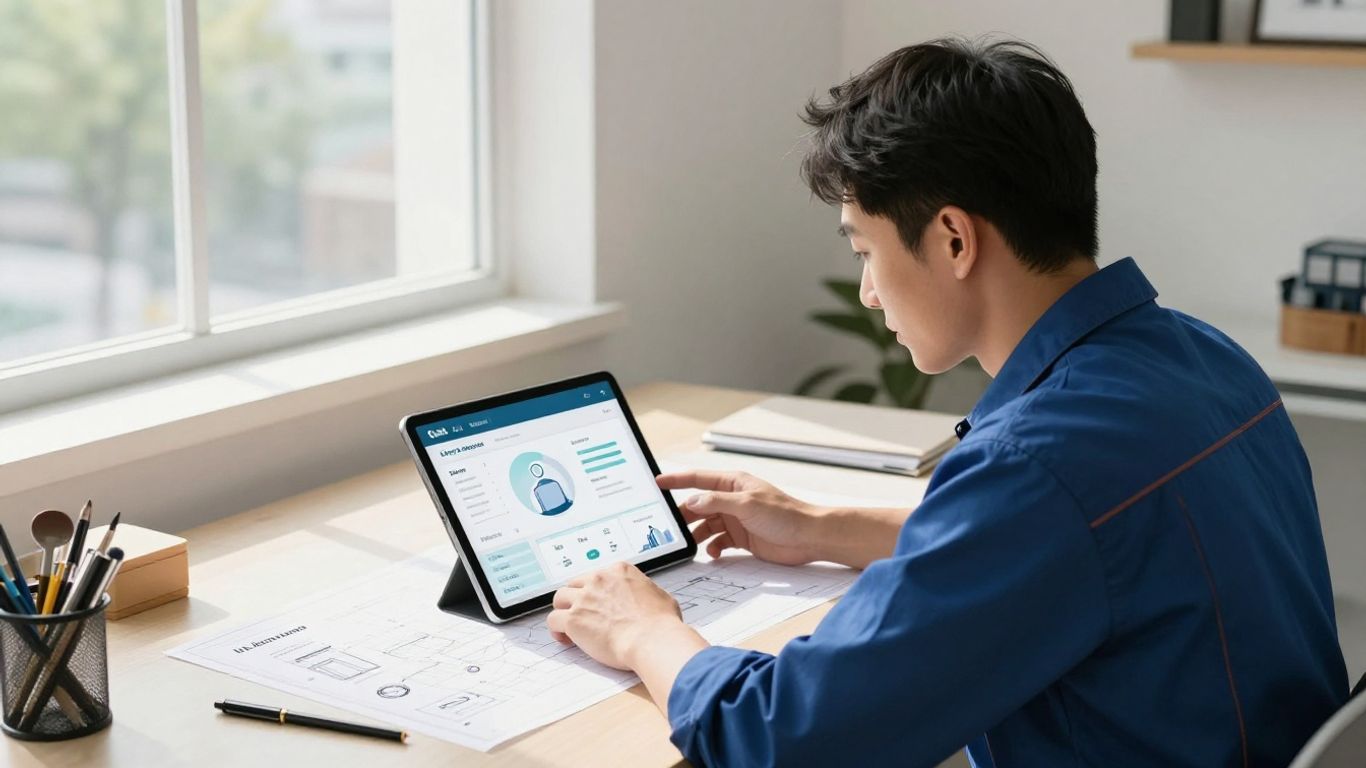Plumber using software on a tablet in an office.