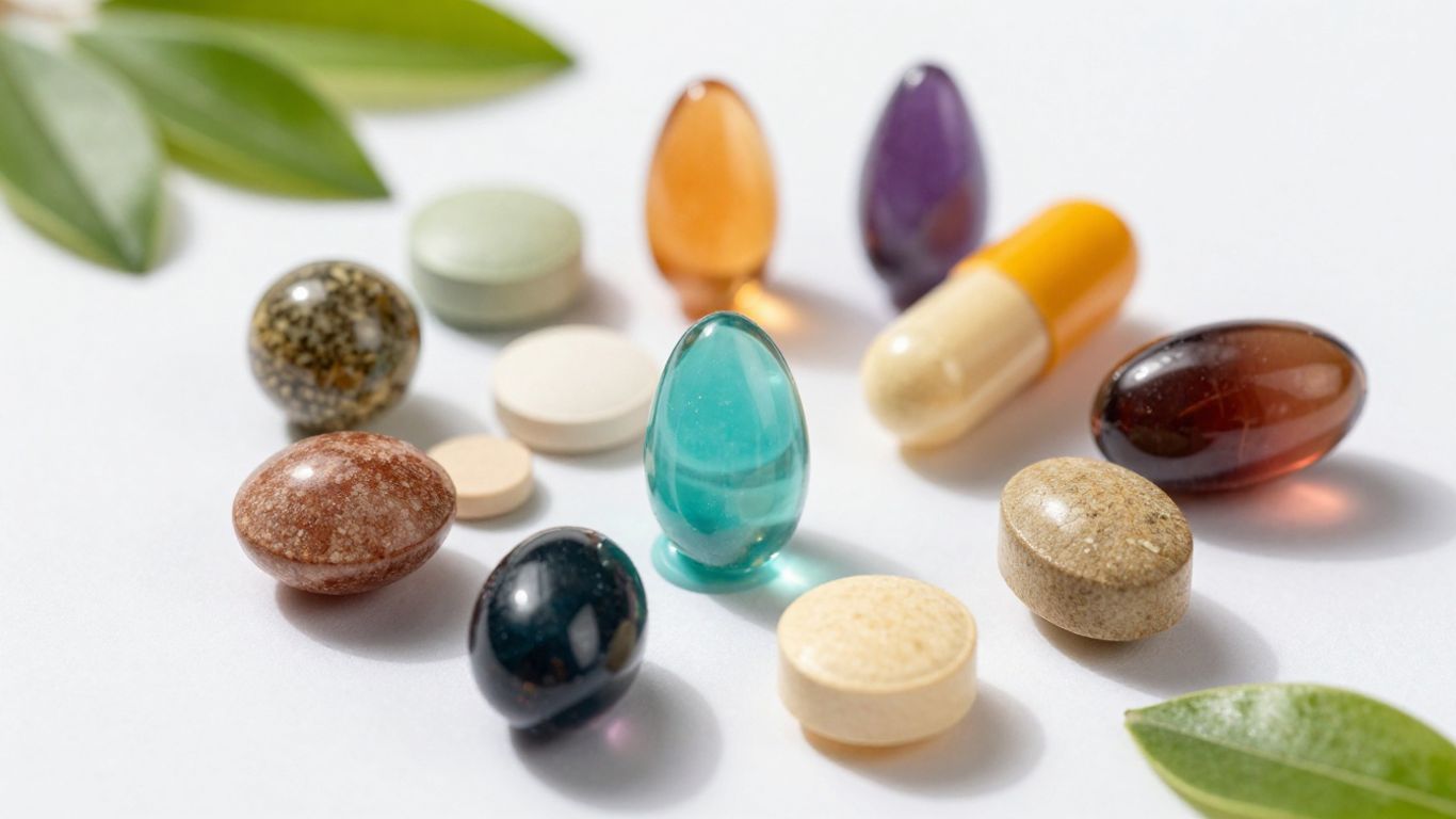 Colorful mineral supplement capsules and tablets with green leaves.