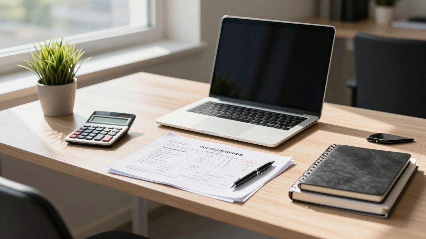 Schreibtisch mit Laptop und Rechnungen für Betriebsausgaben absetzen Selbstständige