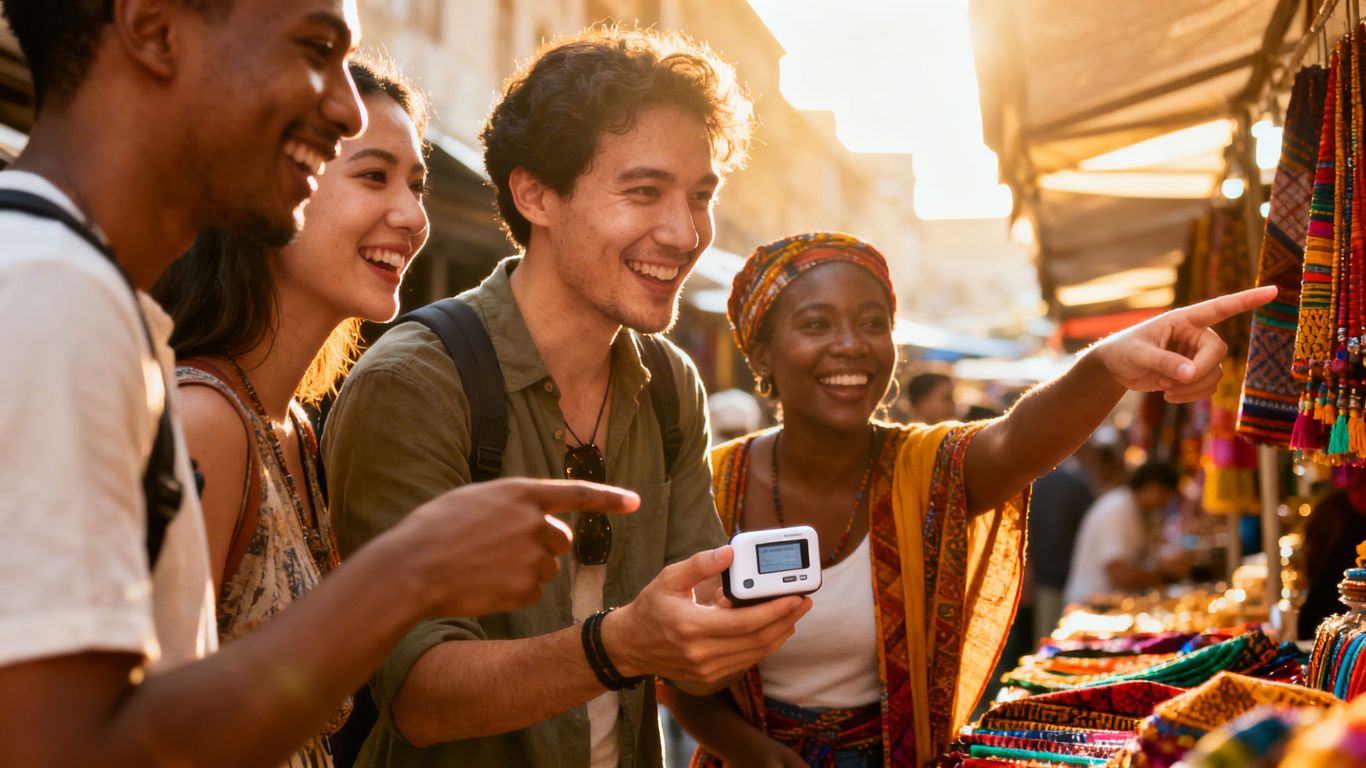 People communicating across language barriers with gestures and smiles.