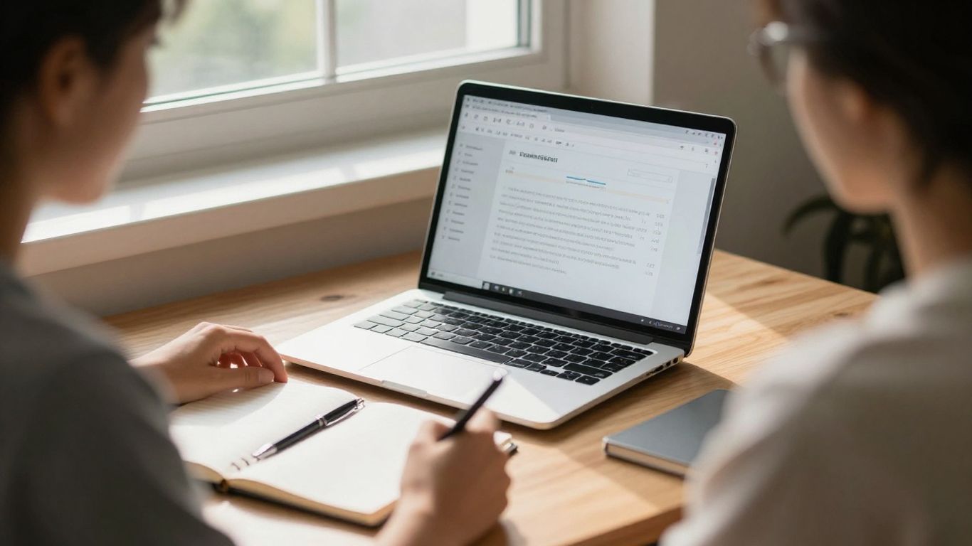 Blogger working on affiliate marketing with laptop and notebook.