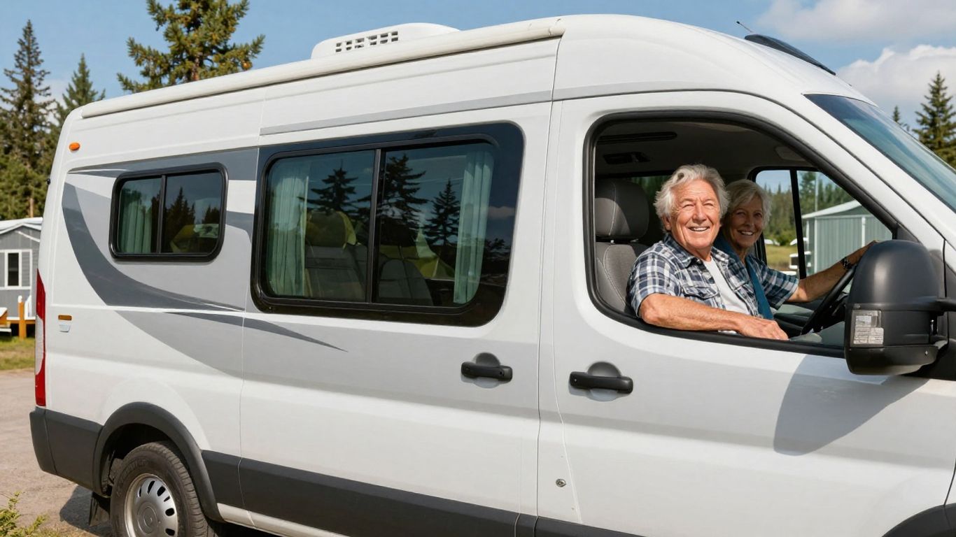 Seniors in RV enjoying Canadian scenery.
