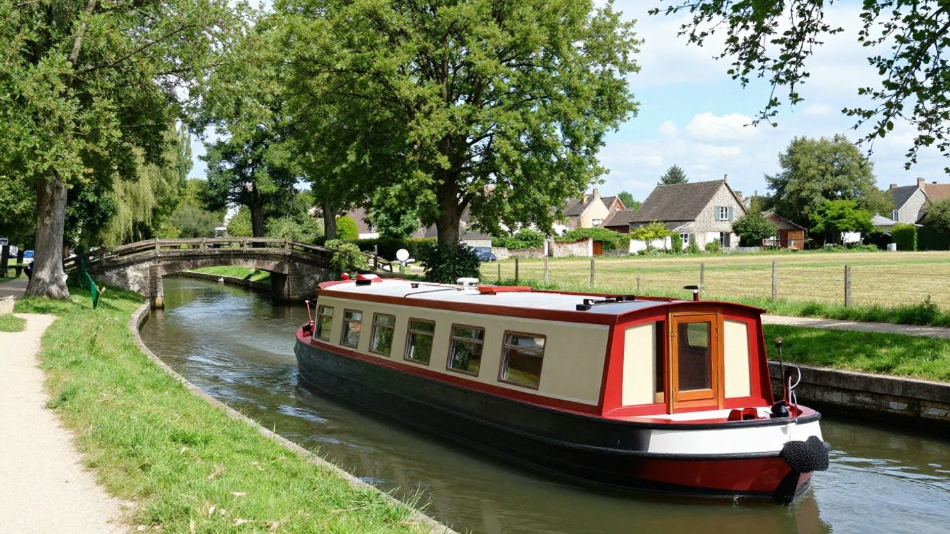 Self-drive canal boat in scenic French countryside.