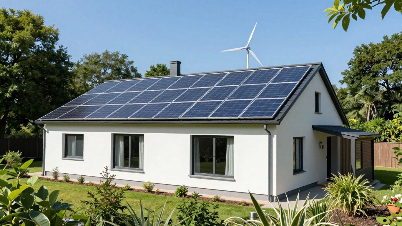 Maison autonome avec panneaux solaires et éolienne.
