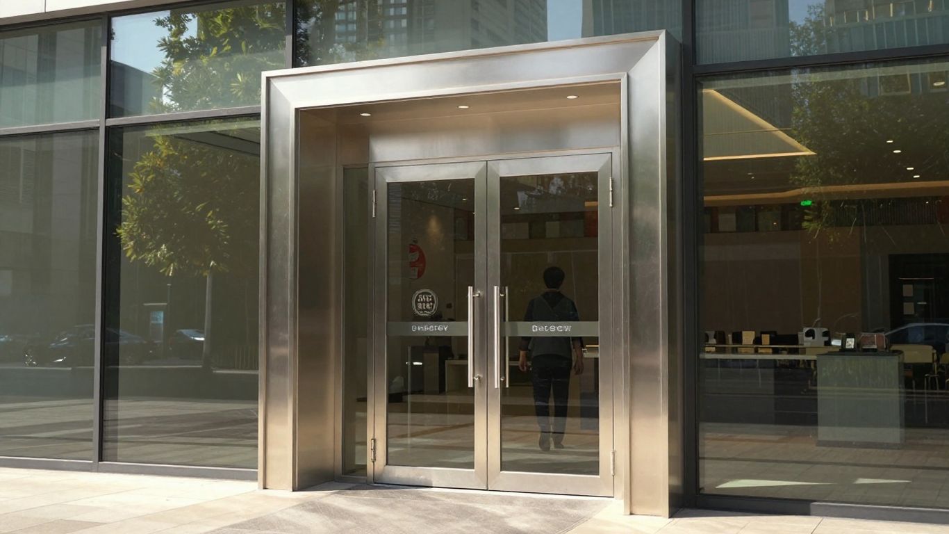 Modern commercial building entrance door, accessible and welcoming.