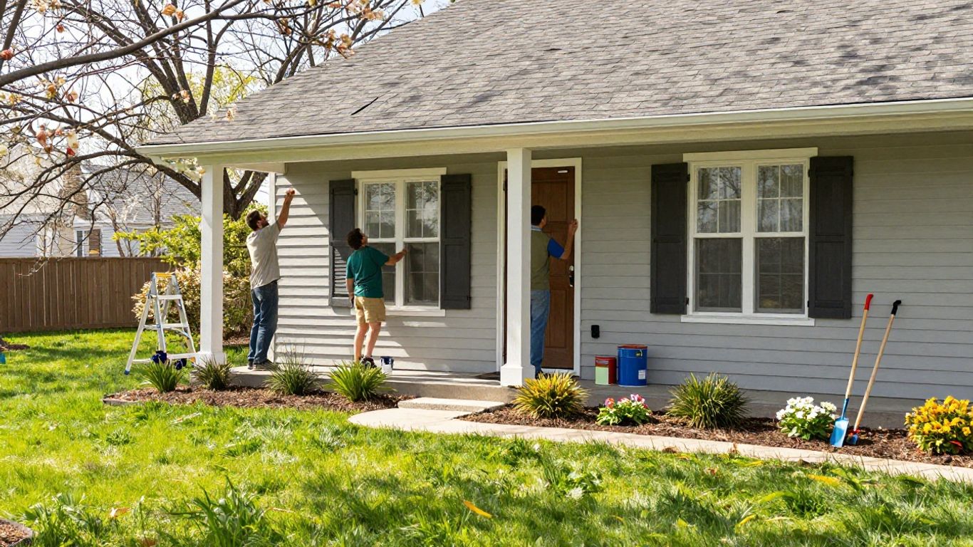 Homeowners inspecting house exterior for spring repairs
