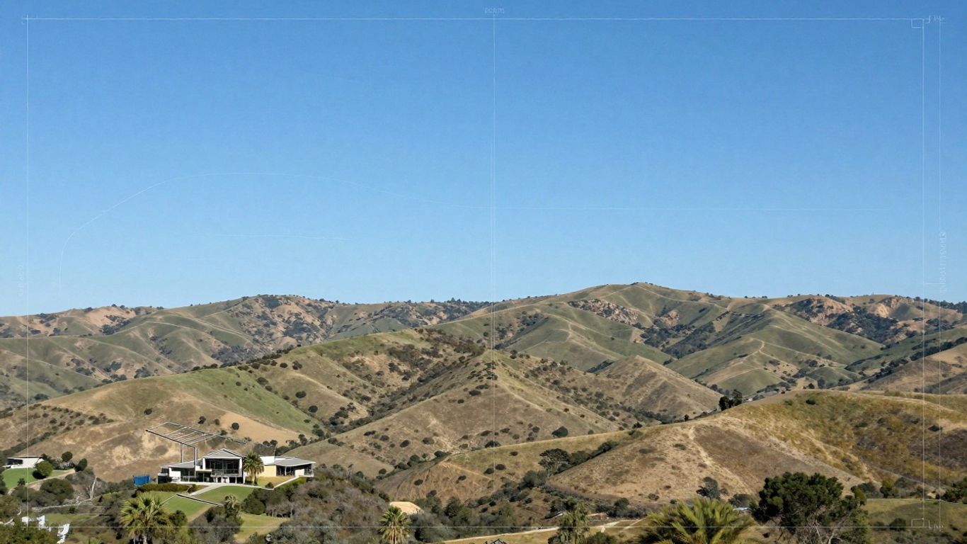 California landscape with architectural sketches and a house.