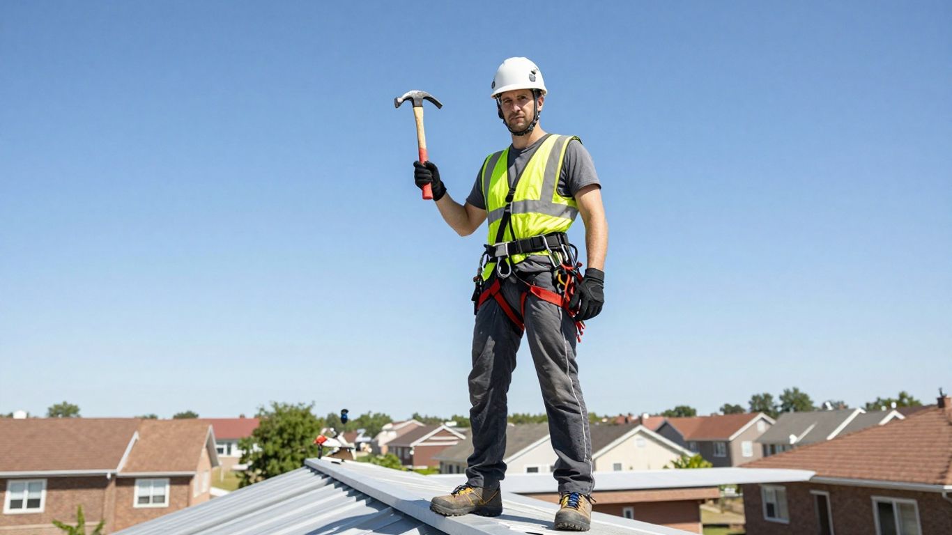 Roofer on a sunny rooftop holding a hammer.