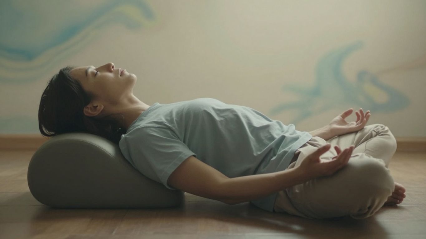 Personne détendue en hypnose, couleurs apaisantes en arrière-plan.